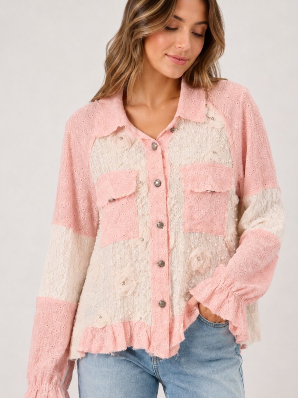 POL Soft Boho Blush Crochet Lace Shacket Shirt Jacket Size Small Oversized NWOT - Picture 2 of 13